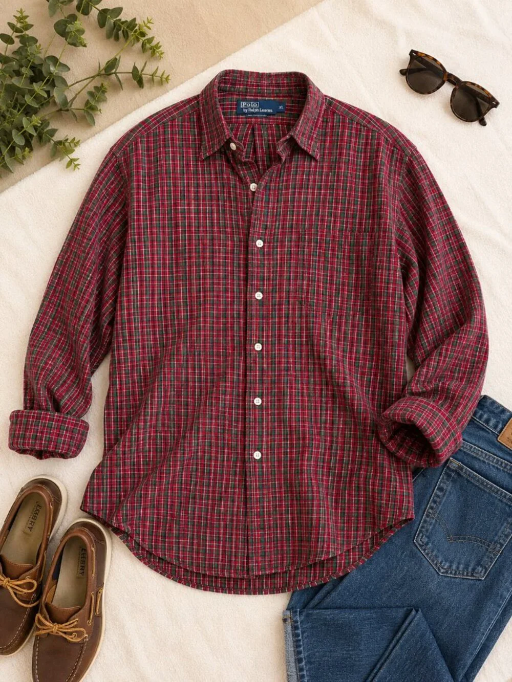 Polo Ralph Lauren Plaid Button Down Shirt Men's XL Red Green 100% Cotton
